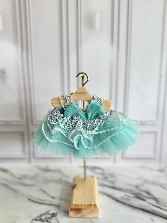 Frostmint Belle Dress • Handmade Winter Doll Outfit • Mint Tulle Dress with Snowflake Details • Cute Winter Doll Clothes