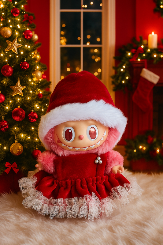 Santa’s Darling – Handmade Red Velvet Doll Dress with Bow & Lace Trim- Xmas Collection