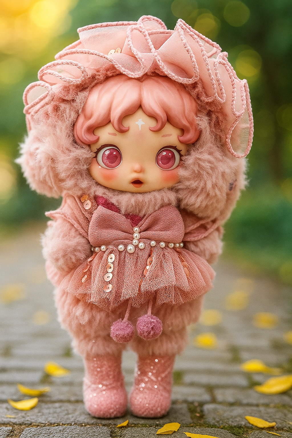 Avelin Pink Doll Dress – Dreamy Couture Handmade Outfit | Pastel Ruffle Tulle Dress for Collectible Dolls | Fantasy Soft Pink Doll Fashion