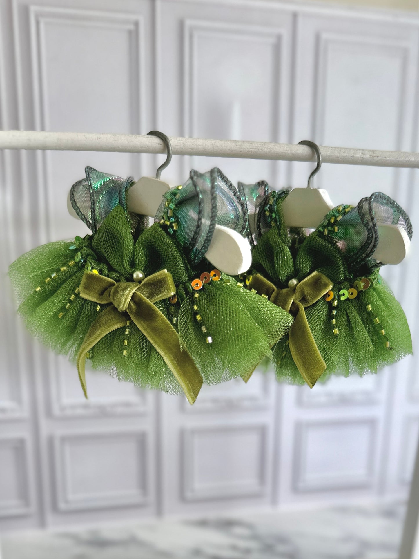 Elowyn Green Doll Dress – Dreamy Couture Handmade Outfit | Forest Fantasy Doll Dress | Emerald Ruffle Doll Clothing