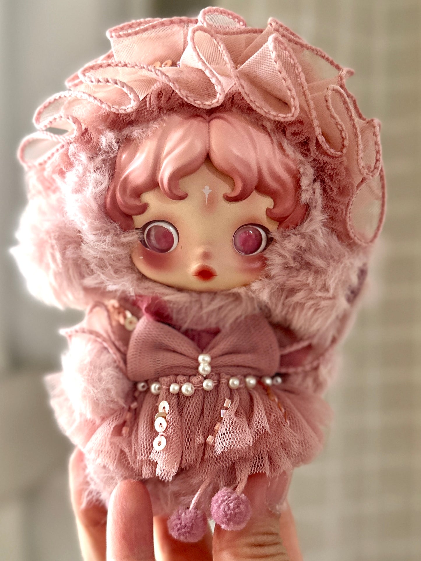 Avelin Pink Doll Dress – Dreamy Couture Handmade Outfit | Pastel Ruffle Tulle Dress for Collectible Dolls | Fantasy Soft Pink Doll Fashion