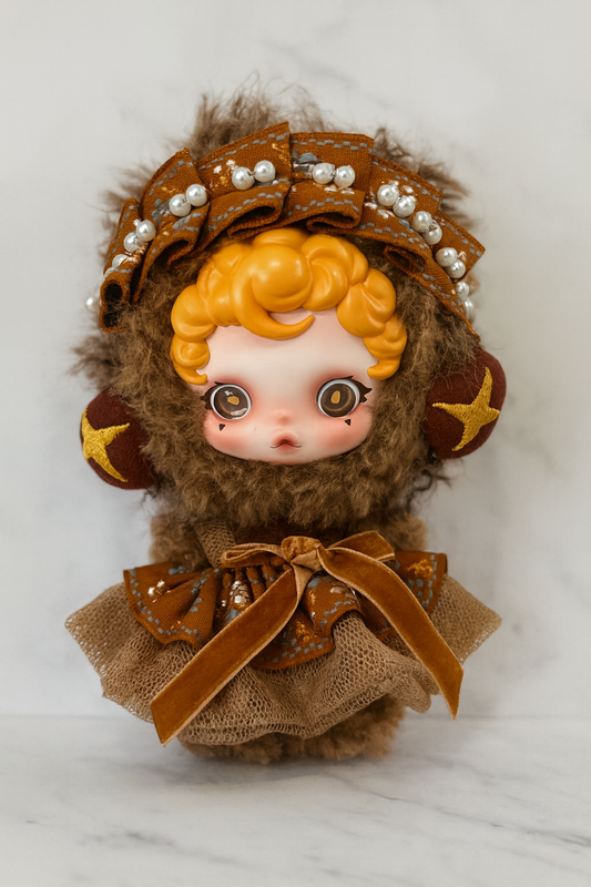 Velora – Handmade Doll Dress | Cozy Autumn Brown Outfit with Velvet Bow & Pearls | 18–20cm Doll Clothing | Cute Fantasy Style