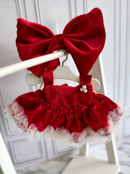 Santa’s Darling – Handmade Red Velvet Doll Dress with Bow & Lace Trim- Xmas Collection