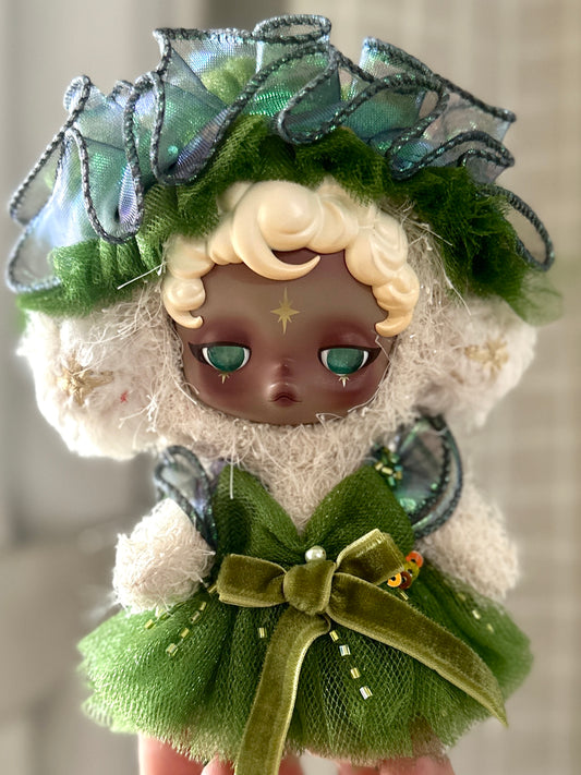 Elowyn Green Doll Dress – Dreamy Couture Handmade Outfit | Forest Fantasy Doll Dress | Emerald Ruffle Doll Clothing