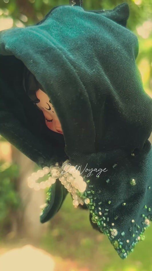 Handmade Emerald Velvet Doll Cloak – Fantasy Hooded Cape, Beaded